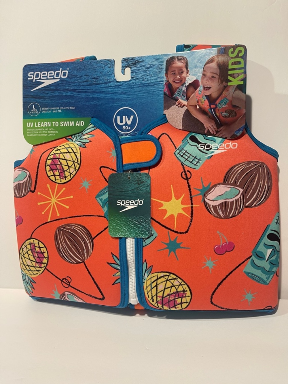 Speedo Kids Swim Vest NWT large 4-6 years Orange Tropical Fruit Print